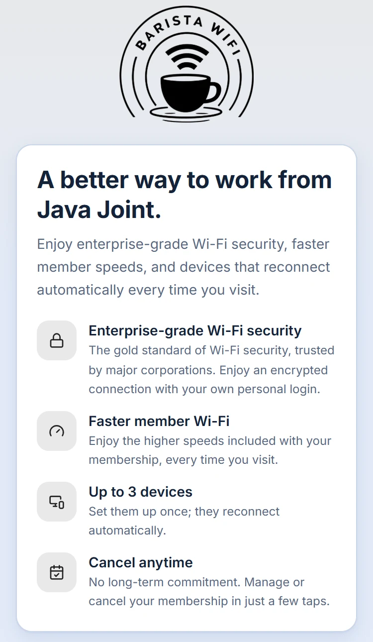 The coworking membership join page for the demo café Java Joint: 'A better way to work from Java Joint.' with enterprise-grade Wi-Fi security, faster member Wi-Fi, up to 3 devices, and cancel anytime.