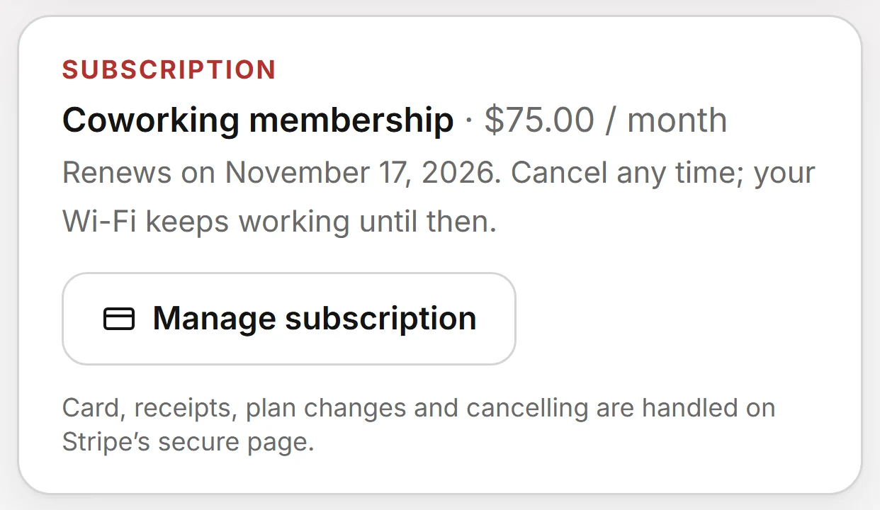 A member's subscription card: coworking membership, renewal date, cancel any time, and a Manage subscription button.