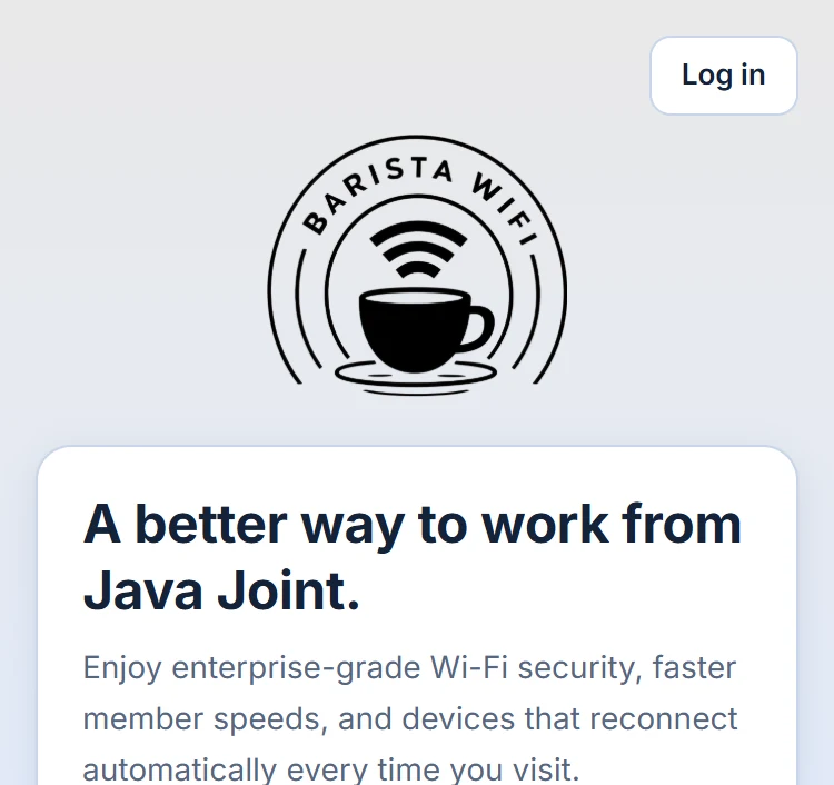 The top of a coworking join page in Barista WiFi's standard look for the demo café Java Joint: the logo, then 'A better way to work from Java Joint.'